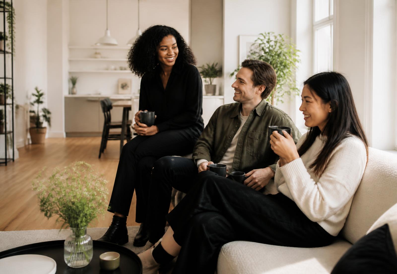 Jonge professionals samen in een lichte woonkamer